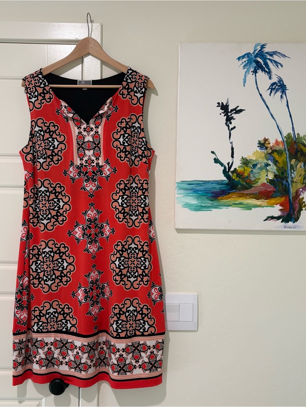 Sleeveless Red Patterned Shift Dress